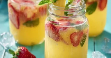 Ananas-Erdbeer-Bowle in einem Glas mit frischen Früchten dekoriert