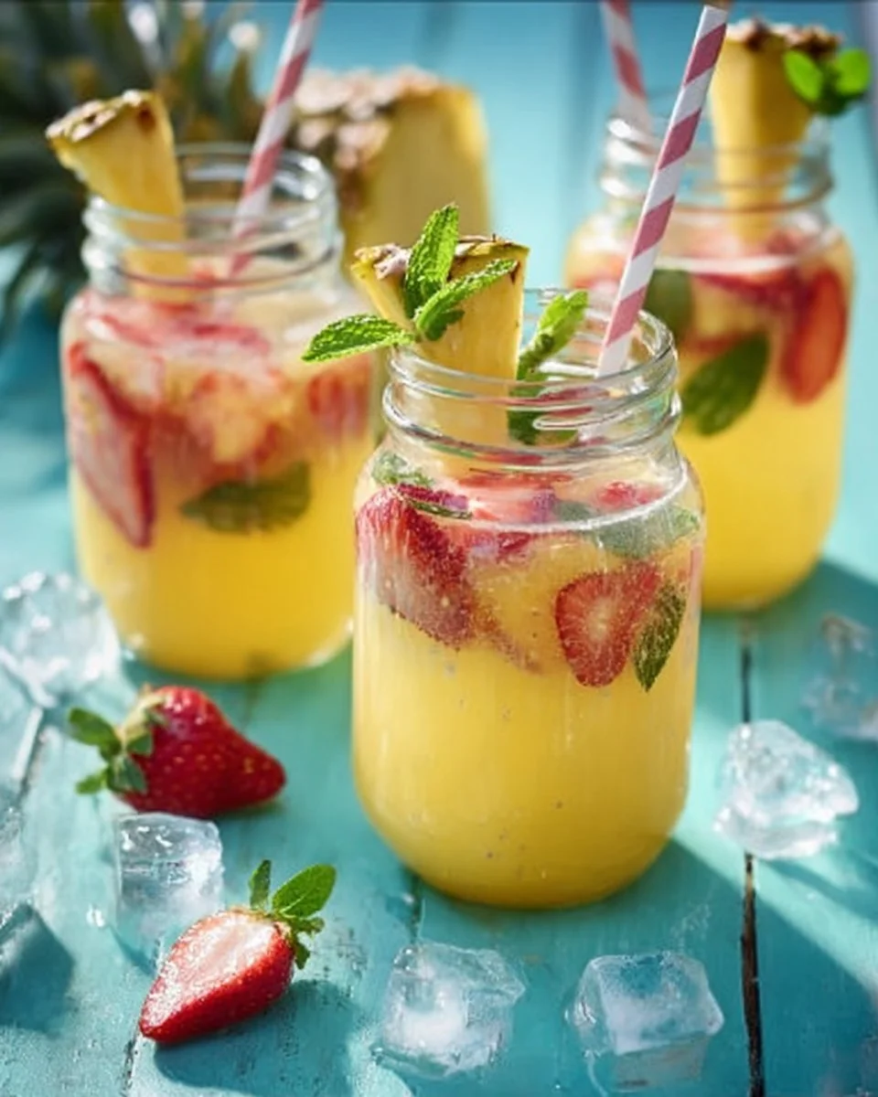 Ananas-Erdbeer-Bowle in einem Glas mit frischen Früchten dekoriert