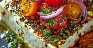 Gebackener Feta-Käse nach griechischem Rezept, serviert mit Gemüse und Olivenöl.