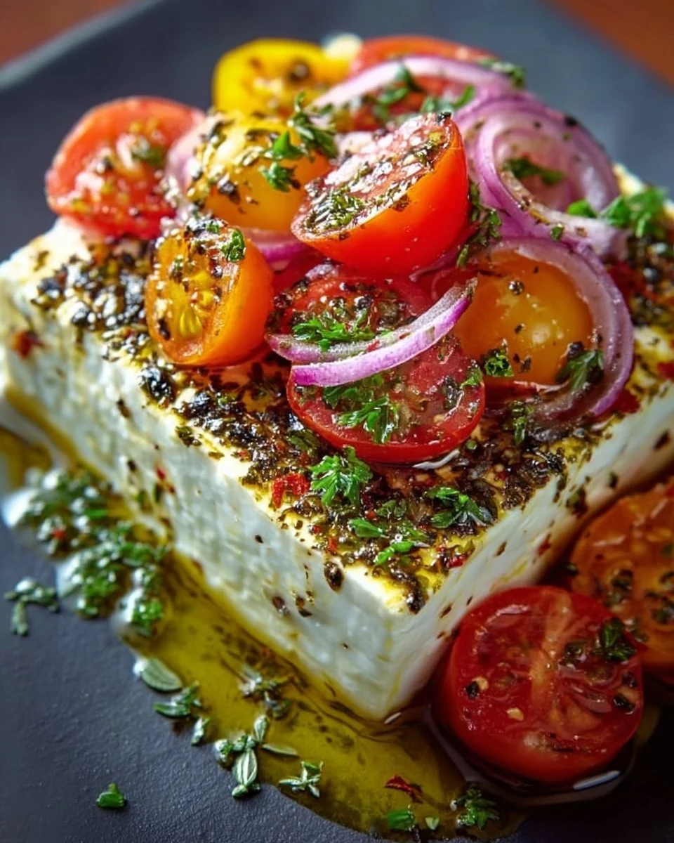 Gebackener Feta-Käse nach griechischem Rezept, serviert mit Gemüse und Olivenöl.