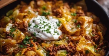 Leckere Spitzkohl-Hackfleisch-Pfanne serviert auf einem Teller