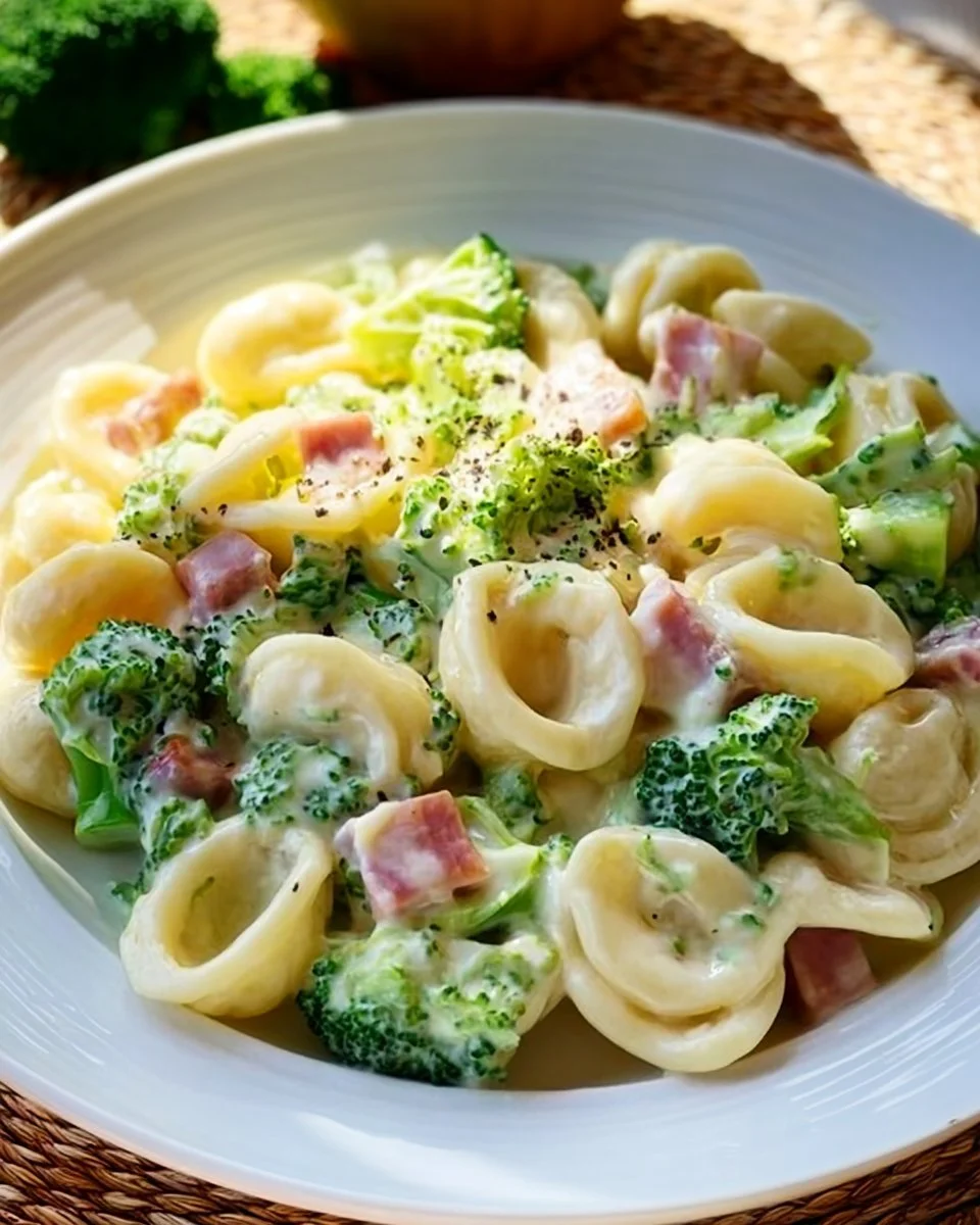 Leckere Brokkoli Schinken Pasta mit frischen Zutaten serviert.