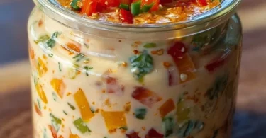 Bunter Partydip in einer Schale mit frischem Gemüse und Crackern
