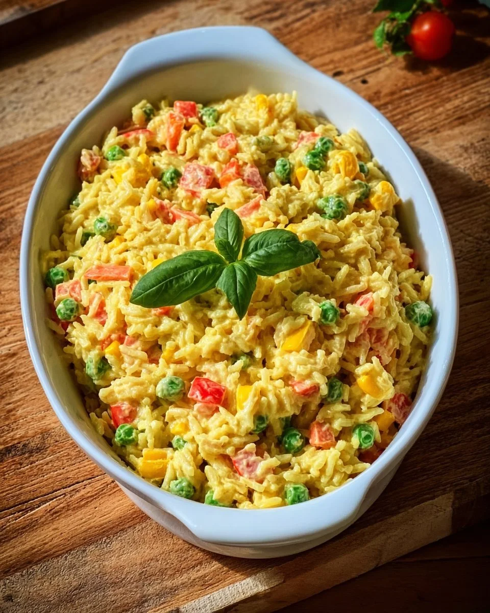 Bunter Reissalat mit Curry in einer Schüssel angerichtet