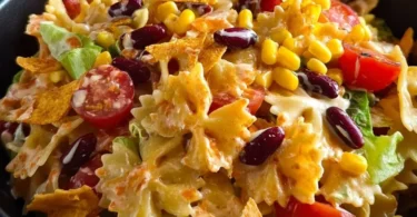 Bunter Taco-Nudelsalat mit Crunch auf einem Teller serviert.
