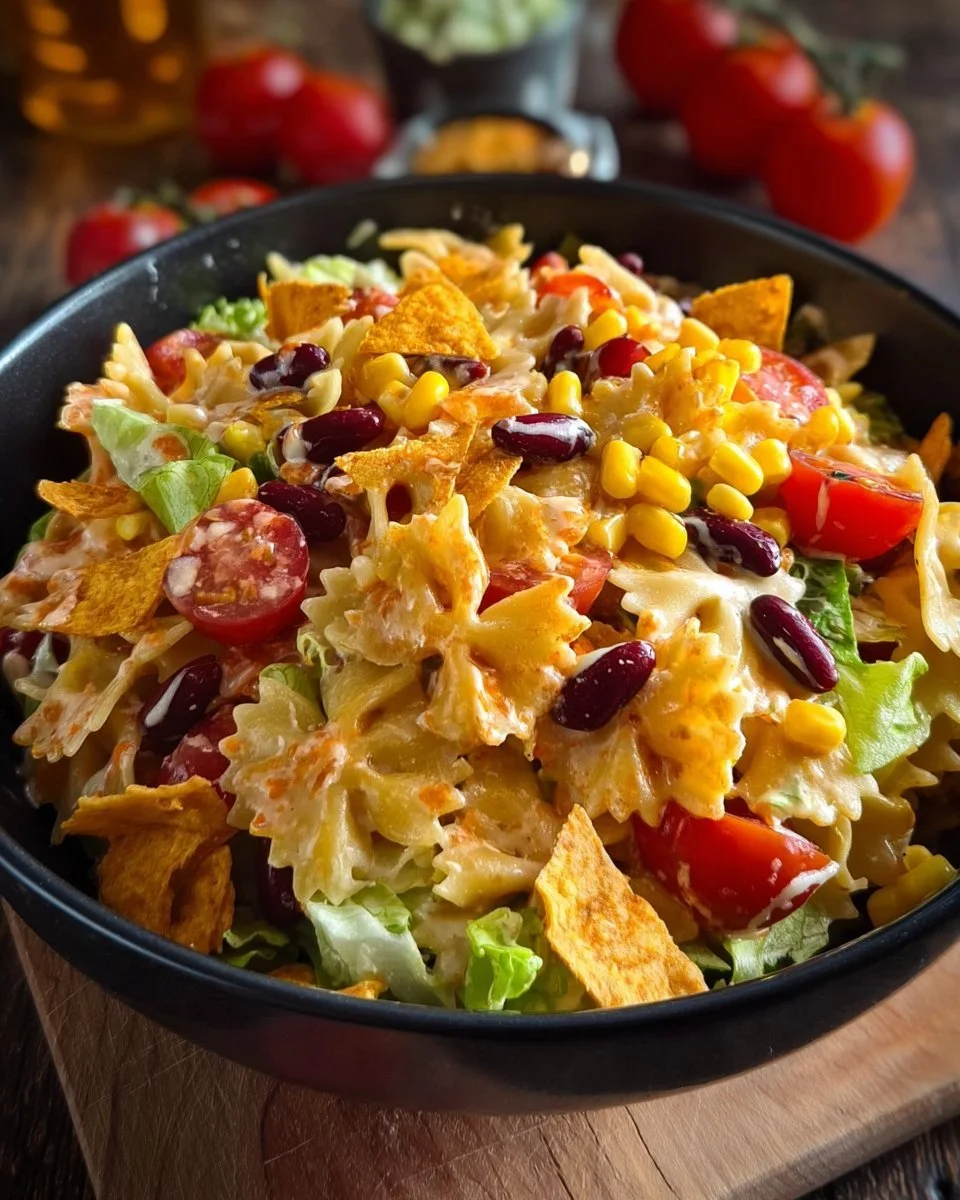 Bunter Taco-Nudelsalat mit Crunch auf einem Teller serviert.