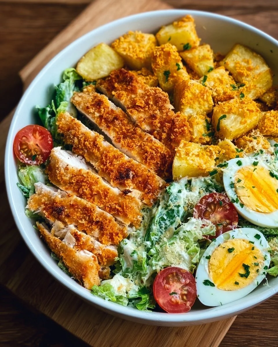 Leckere Caesar-Hähnchen-Bowl mit frischen Zutaten und Dressing.