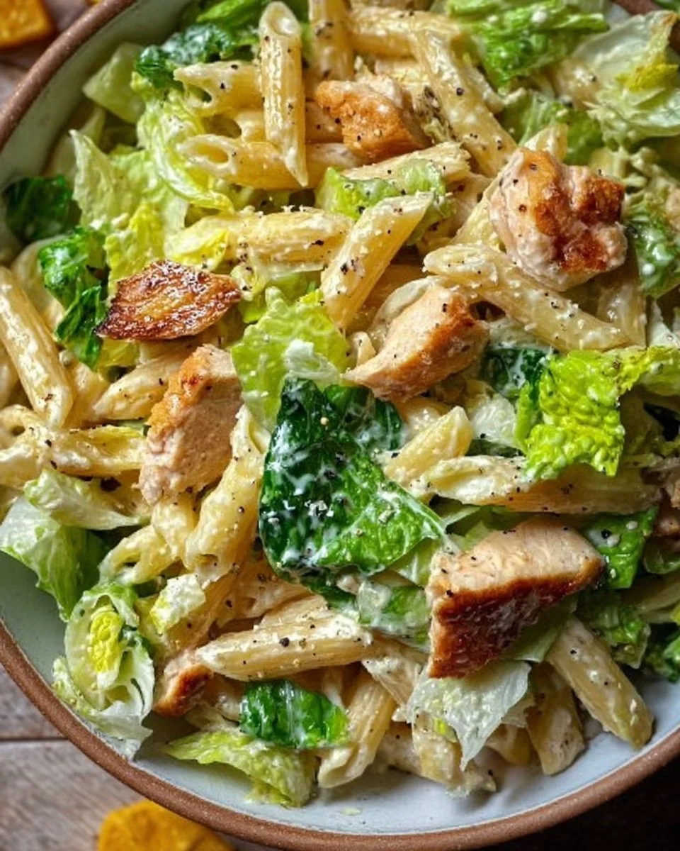 Caesar Nudelsalat mit Römersalat in einer Schüssel, serviert mit Dressing