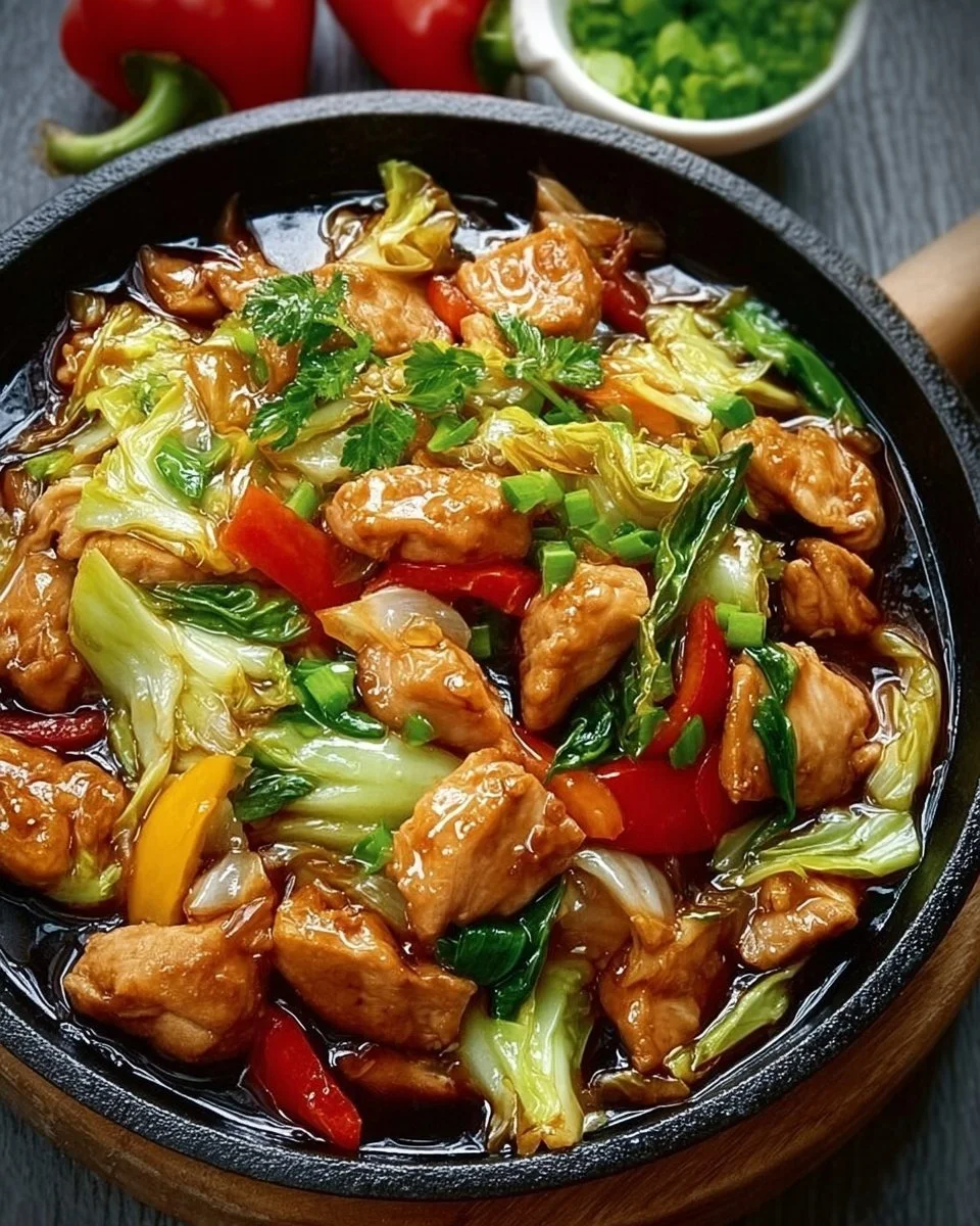 Chinesische Hähnchenpfanne mit Spitzkohl und Zwiebel auf einem Teller angerichtet