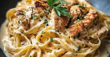 Cremige Hähnchen-Alfredo-Nudeln mit frischen Zutaten serviert