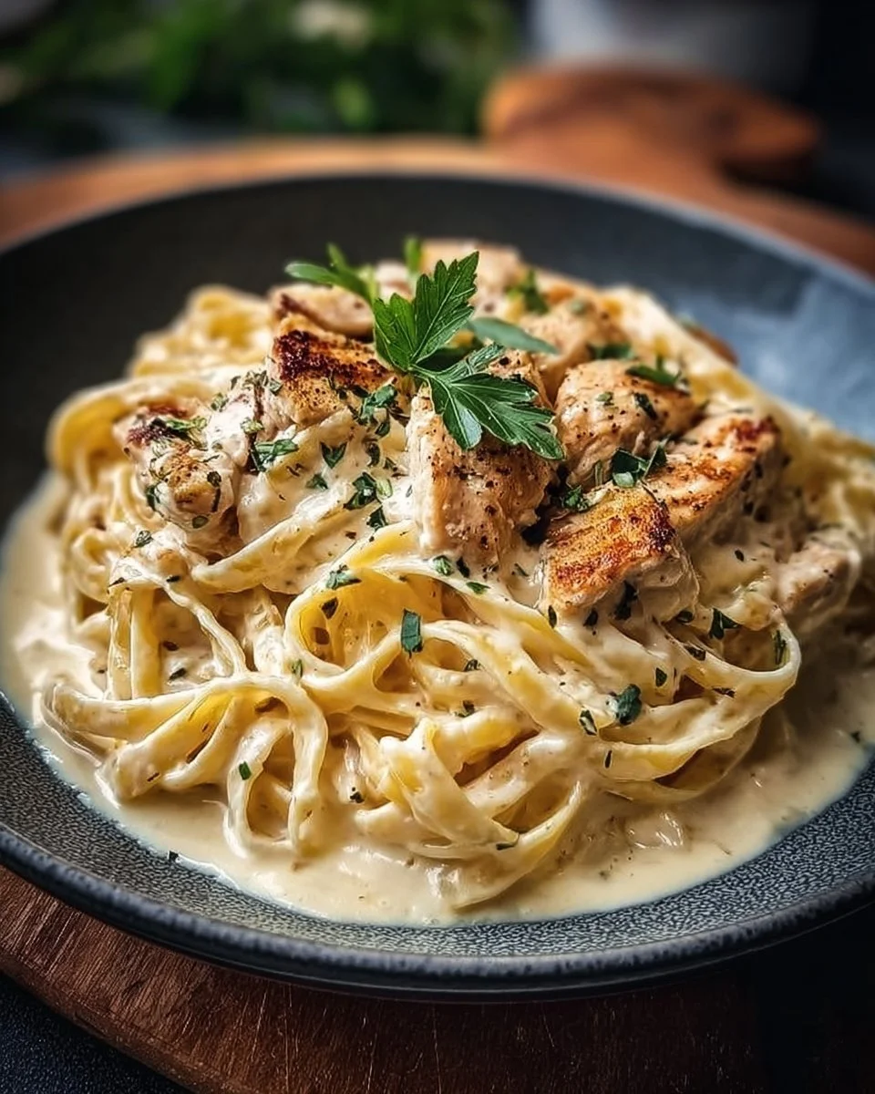 Cremige Hähnchen-Alfredo-Nudeln mit frischen Zutaten serviert