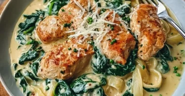 Cremige Hähnchenpfanne mit Spinat und Parmesan-Soße in einer Pfanne serviert