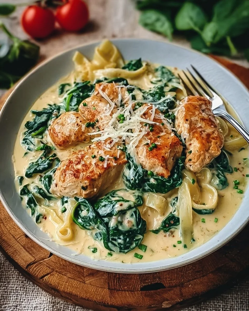 Cremige Hähnchenpfanne mit Spinat und Parmesan-Soße in einer Pfanne serviert