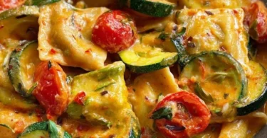 Cremige Maultaschenpfanne mit Zucchini und Tomaten auf einem Teller serviert
