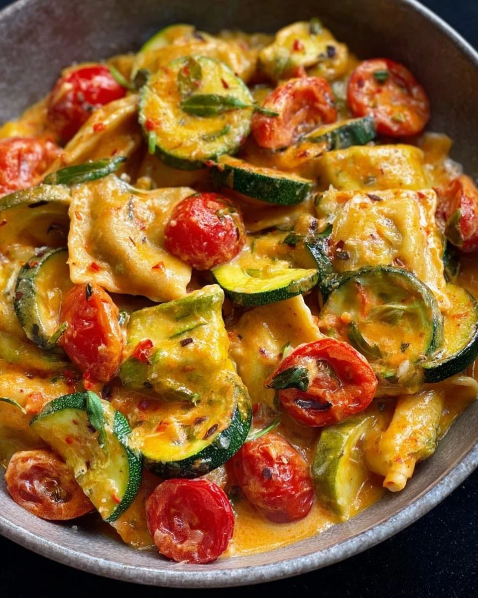 Cremige Maultaschenpfanne mit Zucchini und Tomaten auf einem Teller serviert