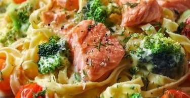 Cremige Pasta mit Lachs, Brokkoli und Tomaten auf einem Teller