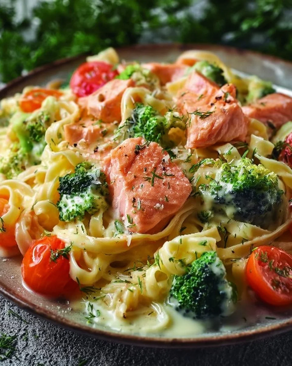 Cremige Pasta mit Lachs, Brokkoli und Tomaten auf einem Teller