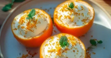 Cremiges Aperol Orangen Eis in einer Schale mit frischen Orangen