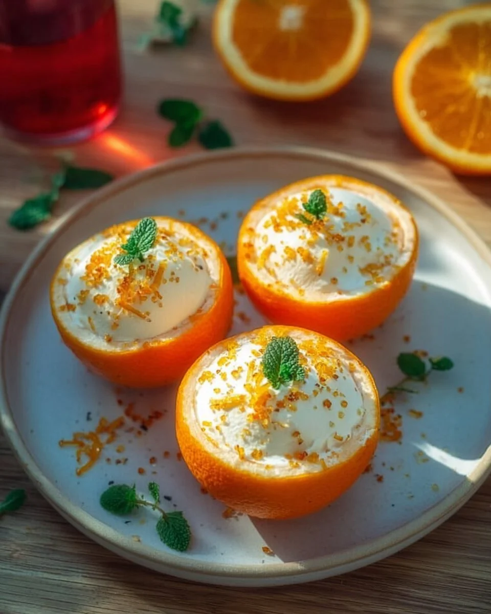 Cremiges Aperol Orangen Eis in einer Schale mit frischen Orangen