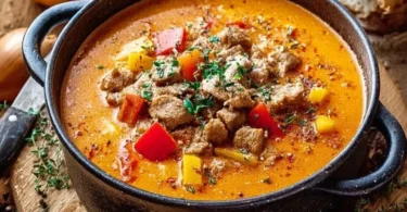 Schüssel mit deftiger Suppe, frisch zubereitet und aromatisch gewürzt.