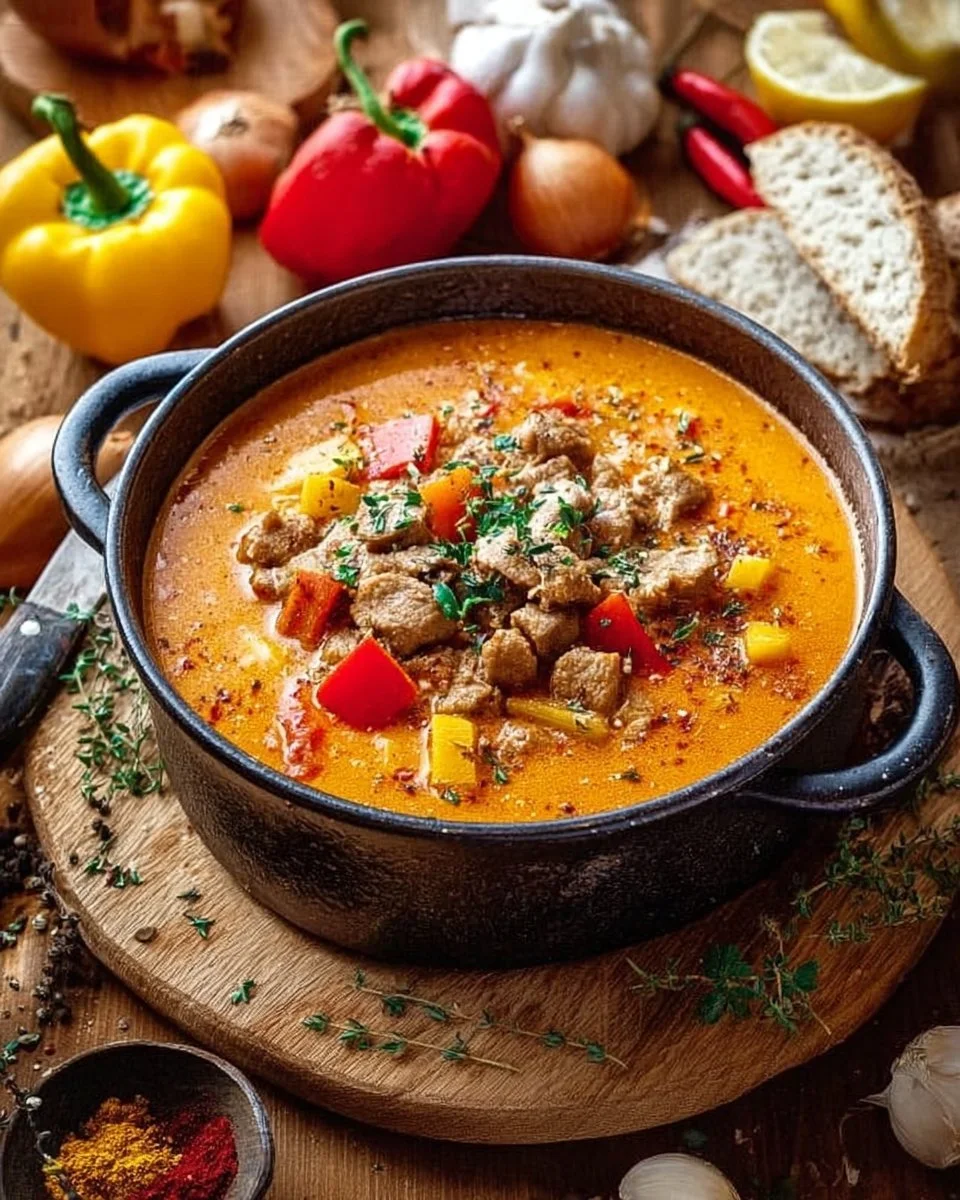 Schüssel mit deftiger Suppe, frisch zubereitet und aromatisch gewürzt.
