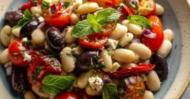 Dicker Bohnen Salat nach griechischer Art, frisch zubereitet