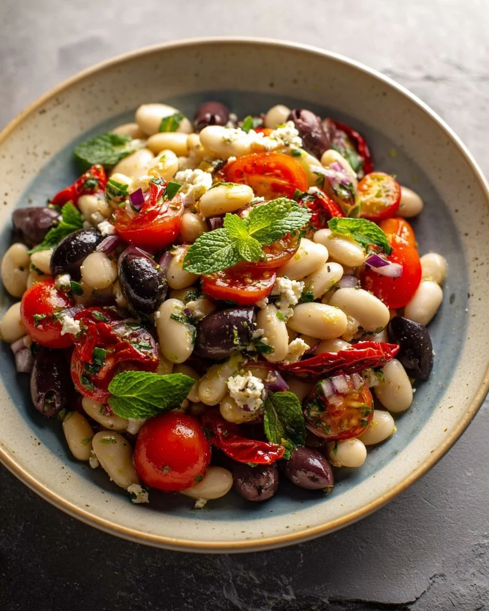 Dicker Bohnen Salat nach griechischer Art, frisch zubereitet