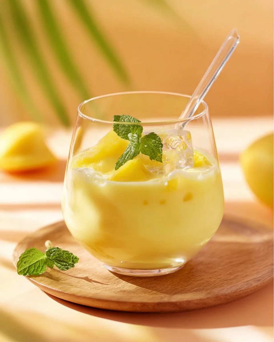 Eierlikörbowle mit Ananas und Sekt in einer eleganten Glaskaraffe serviert