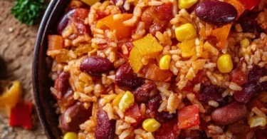 Ein-Pfannen-Reis mit Paprika, Bohnen und Mais in einer Pfanne zubereitet