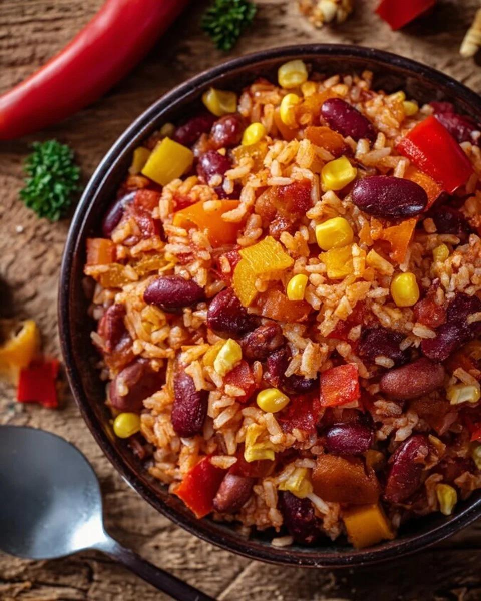 Ein-Pfannen-Reis mit Paprika, Bohnen und Mais in einer Pfanne zubereitet