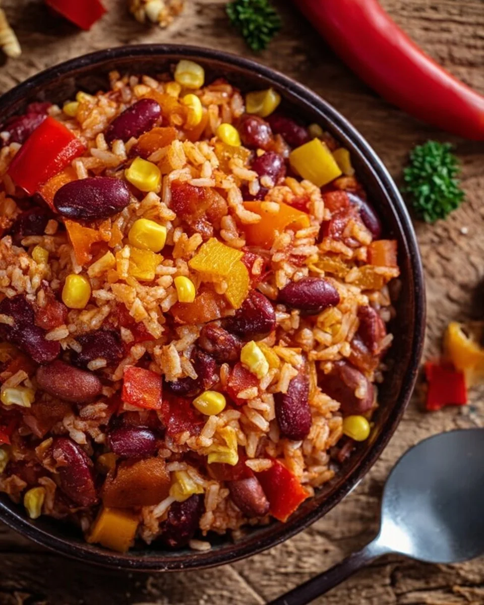 Ein-Pfannen-Reis mit Paprika, Bohnen und Mais