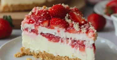 Leckerer Erdbeer Crunch Käsekuchen mit einer knusprigen Kruste und frischen Erdbeeren.