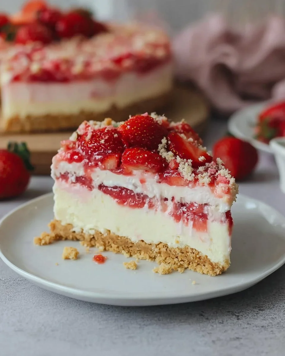 Leckerer Erdbeer Crunch Käsekuchen mit einer knusprigen Kruste und frischen Erdbeeren.