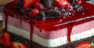 Erdbeer-Käsekuchen mit Schoko-Keksboden ohne Backen, frisch und köstlich