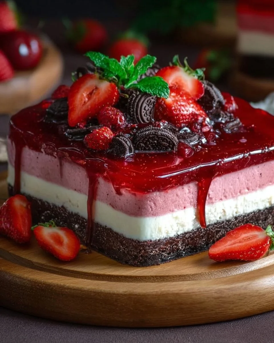 Erdbeer-Käsekuchen mit Schoko-Keksboden ohne Backen, frisch und köstlich