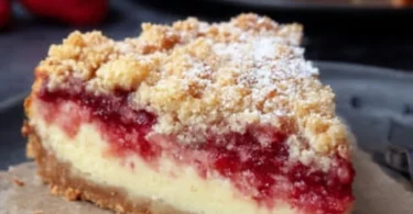 Erdbeer-Rhabarber-Käsekuchen mit Streuseln auf einem Teller, frisch gebacken