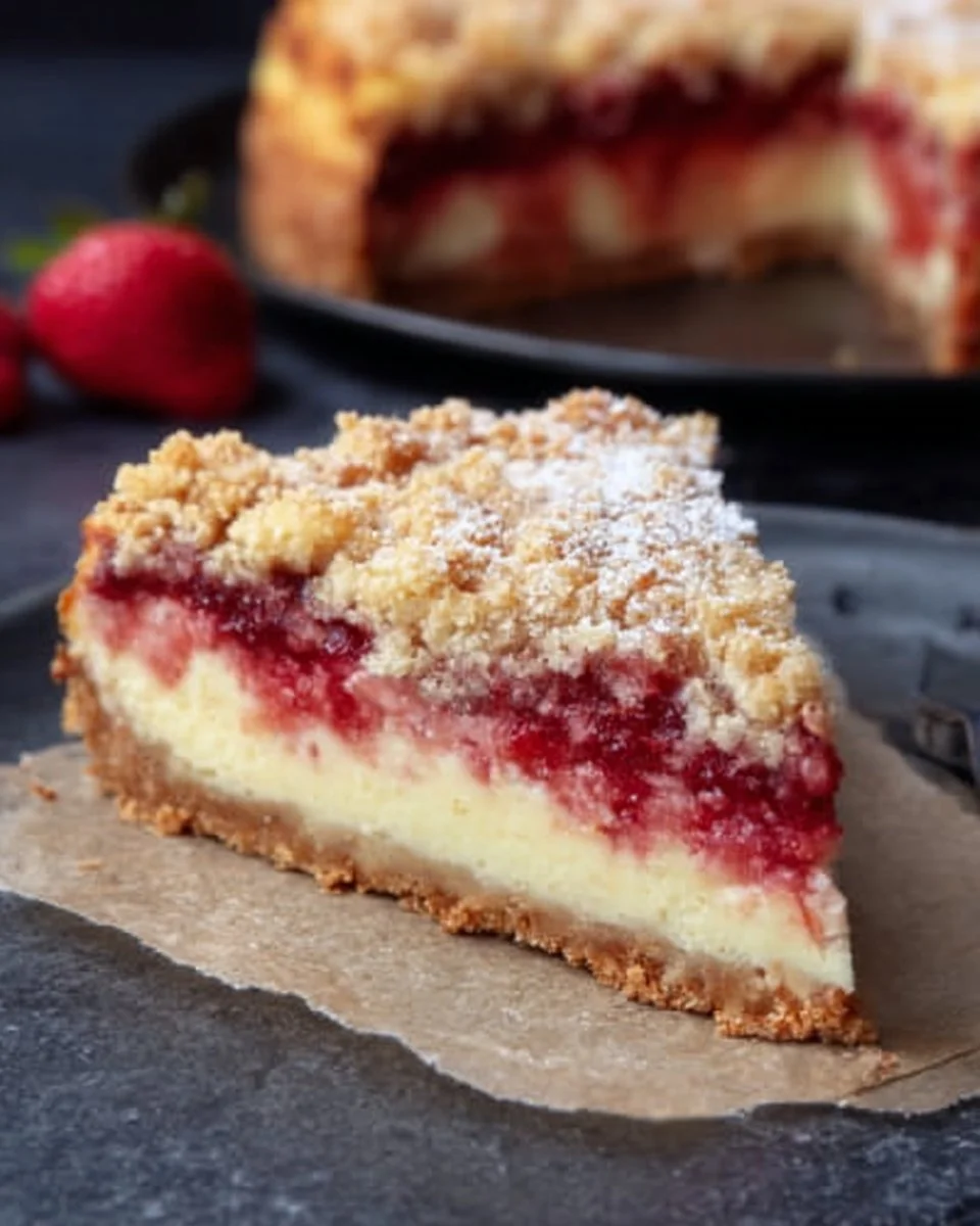 Erdbeer-Rhabarber-Käsekuchen mit Streuseln auf einem Teller, frisch gebacken