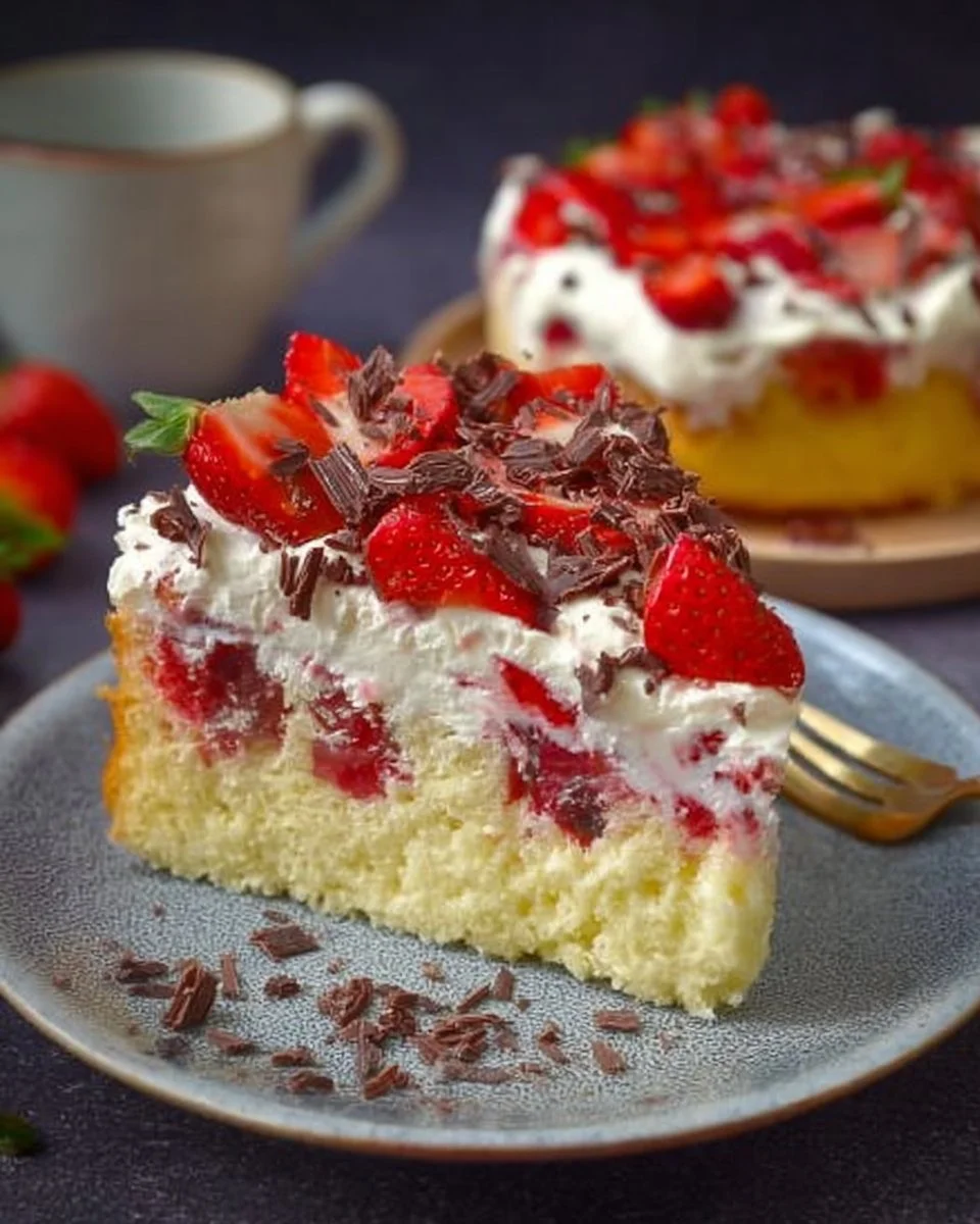 Fantakuchen vom Blech mit Schmand und Erdbeeren auf einem Teller