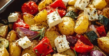 Feta-Kartoffeln mit Ofengemüse auf einem Teller serviert.