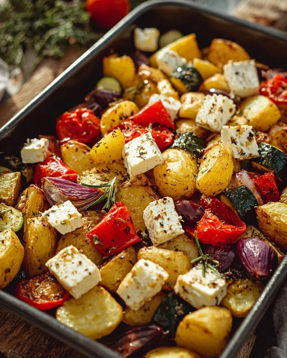 Feta-Kartoffeln mit Ofengemüse auf einem Teller serviert.