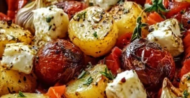 Feta Kartoffeln Ofengemüse frisch aus dem Ofen, serviert mit Gemüse und Kräutern