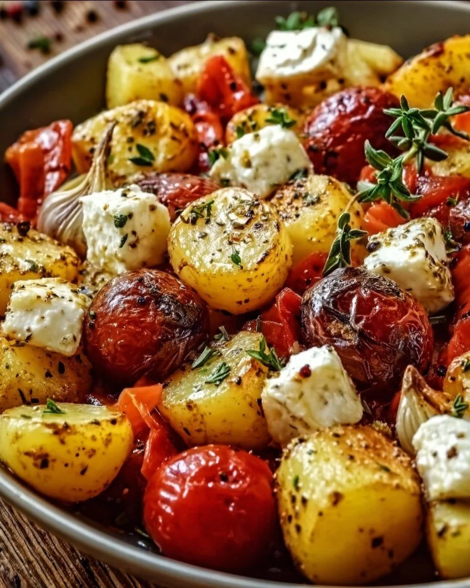 Feta Kartoffeln Ofengemüse frisch aus dem Ofen, serviert mit Gemüse und Kräutern