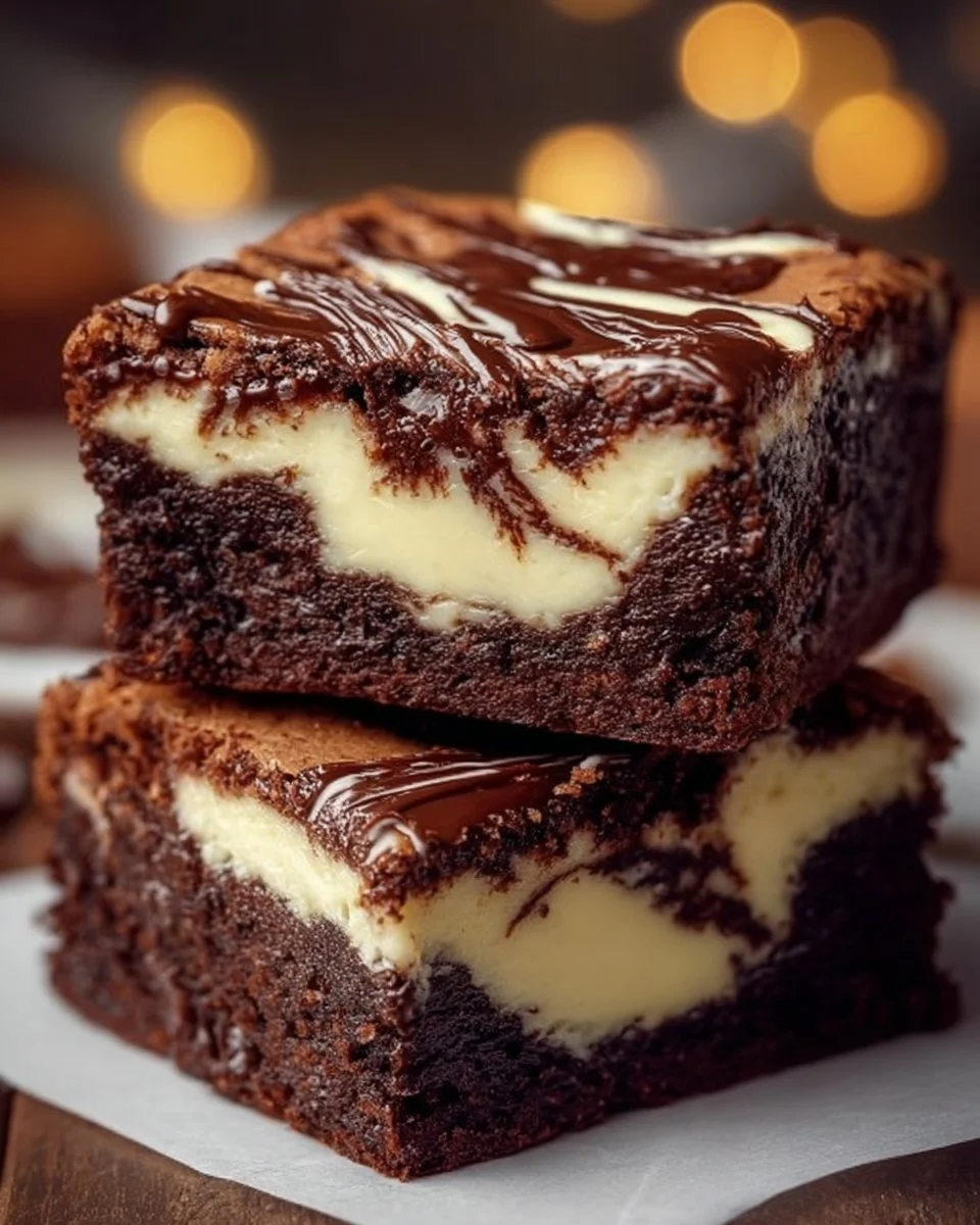 Frischkäse-Brownies auf einem Teller, verziert mit Schokoladensauce.