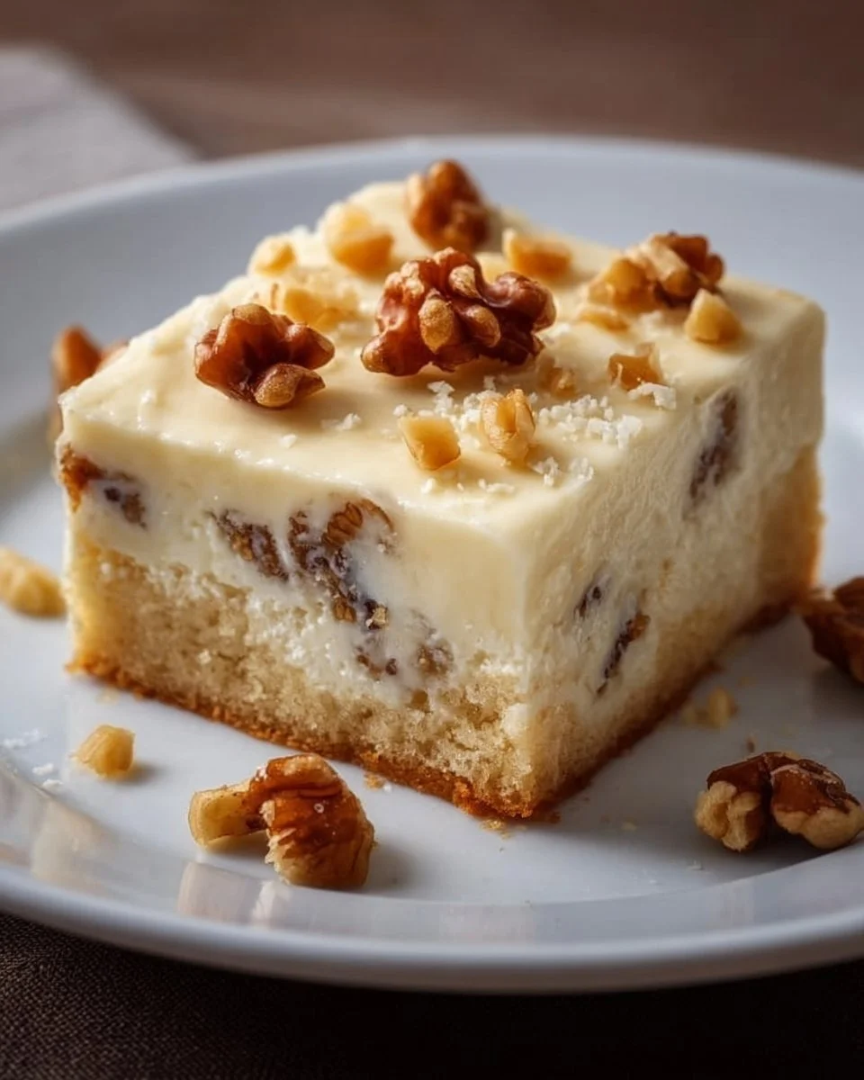 Kuchen mit Pudding und Walnüssen auf einem Teller