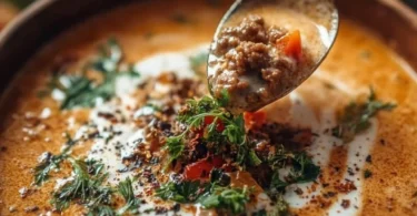 Schüssel mit Friss-dich-dumm-Suppe, ein schmackhaftes und nahrhaftes Rezept.