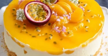 Fruchtige Pfirsich-Maracuja-Torte mit frischen Pfirsichen und Maracuja