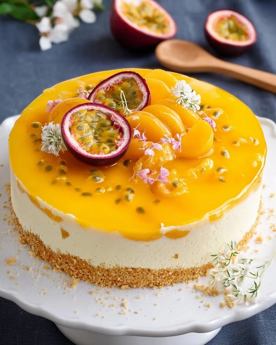 Fruchtige Pfirsich-Maracuja-Torte mit frischen Pfirsichen und Maracuja