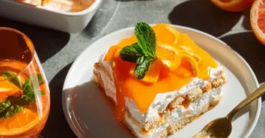 Fruchtiges Aperol Spritz-Tiramisu auf einem Teller, dekoriert mit Orangenscheiben.