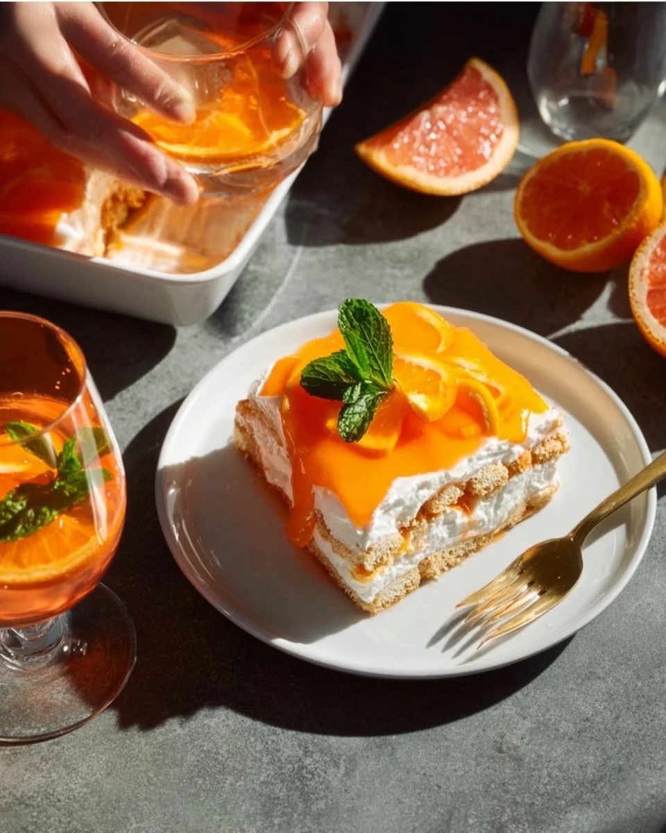 Fruchtiges Aperol Spritz-Tiramisu auf einem Teller, dekoriert mit Orangenscheiben.