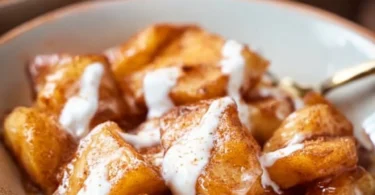 Gebackene Äpfel aus dem Air Fryer auf einem Teller serviert.